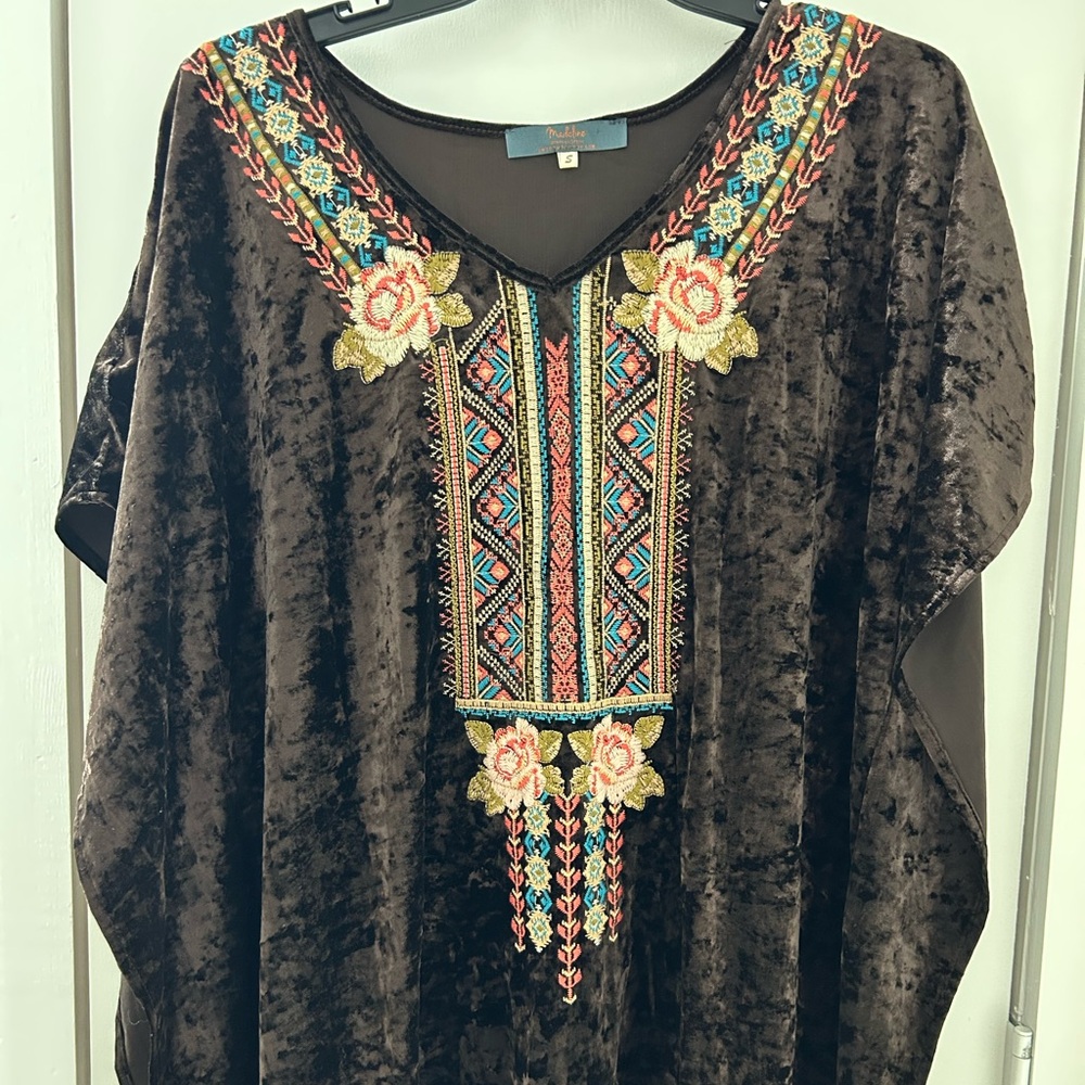 EUC Madeleine Sparklestien beautifully embroidered chocolate brown velvet tunic